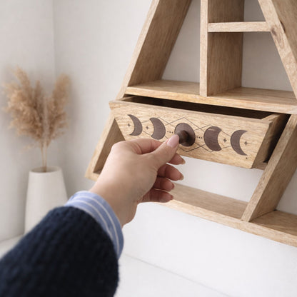 Moon Phase Triangle Wall Shelf with Drawer, Mango Wood