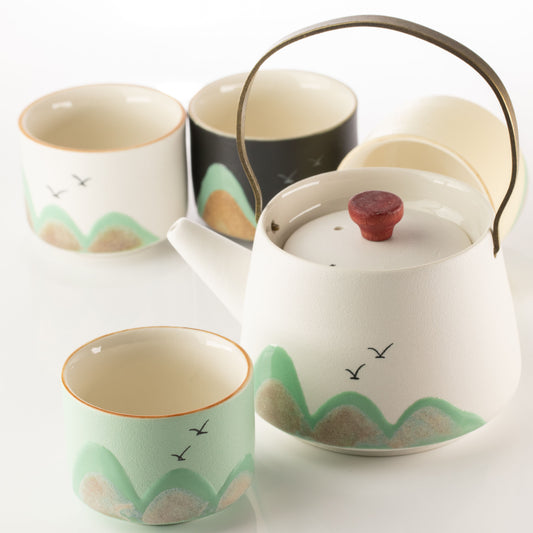 Thousand Miles Ceramic Tea Set, Four Cups with Ceremonial Cloth