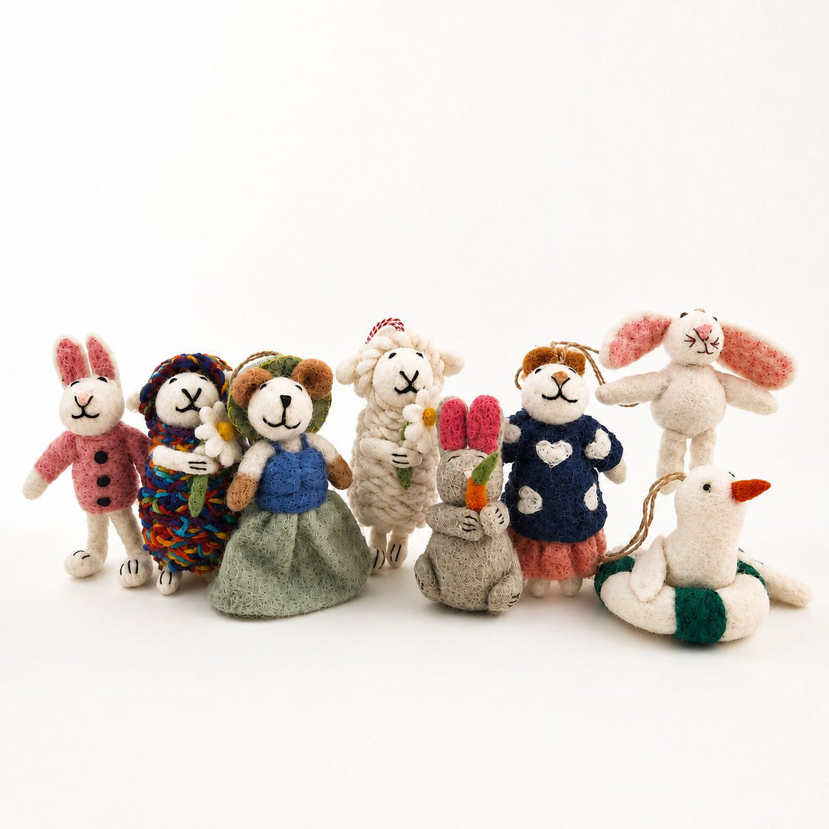 Felt Rabbit & Sheep Charms, Set of 8, Hanging Decorations & Bag Charms