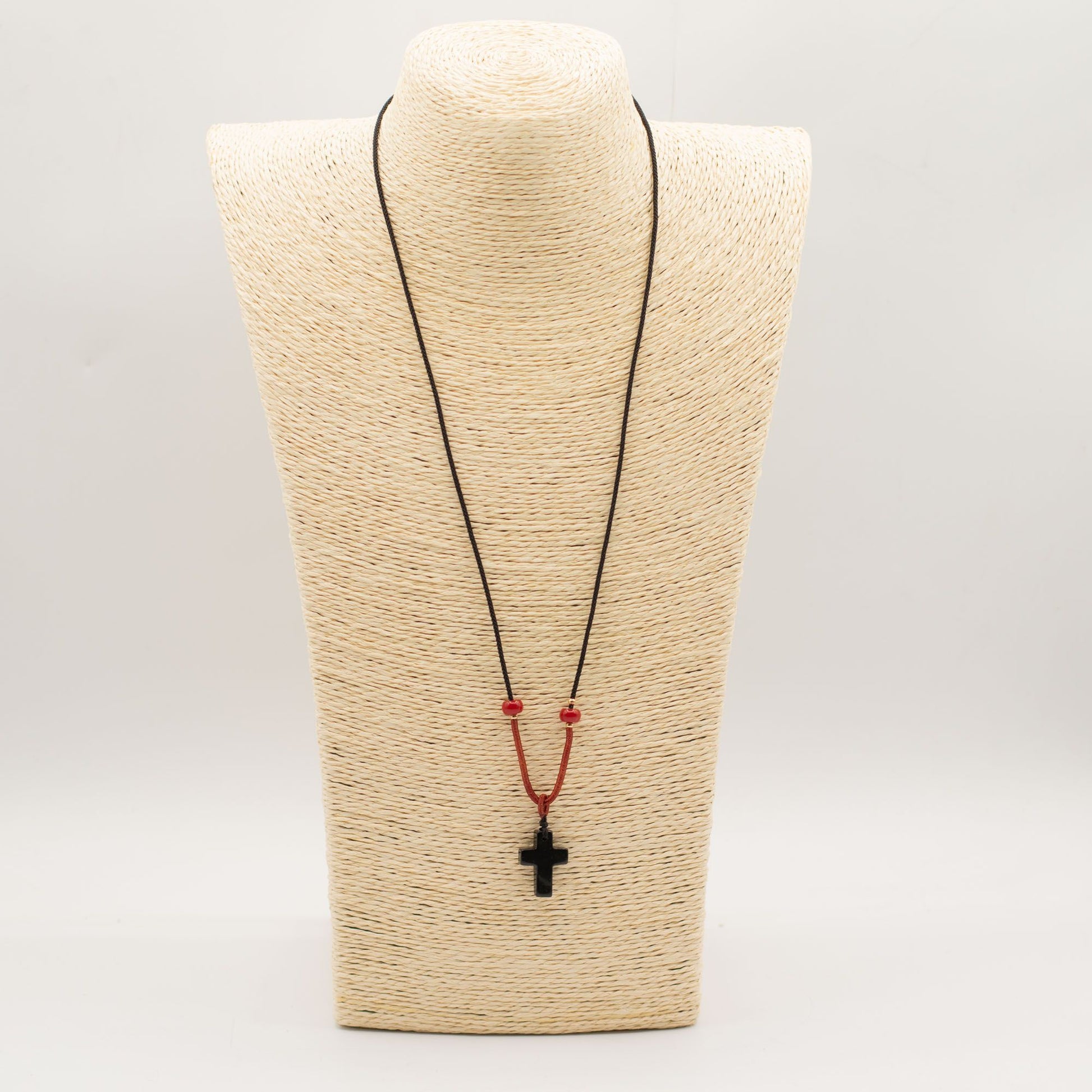 Cord Necklace Gemstone Pendant - Black Agate Cross – detail view
