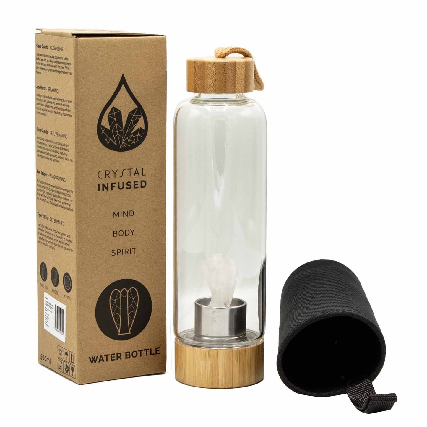 Crystal Infused Glass Water Bottle - Cleansing Clear Quartz - Angel – lifestyle shot