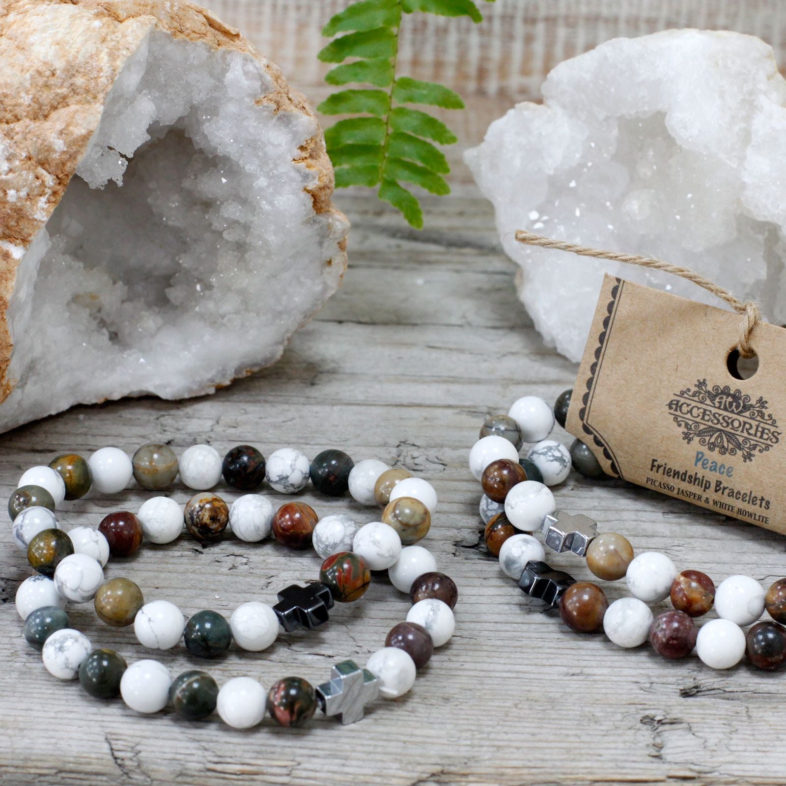 Set of 2 Gemstones Friendship Bracelets - Peace - Picasso Jasper & White Howlite – lifestyle shot