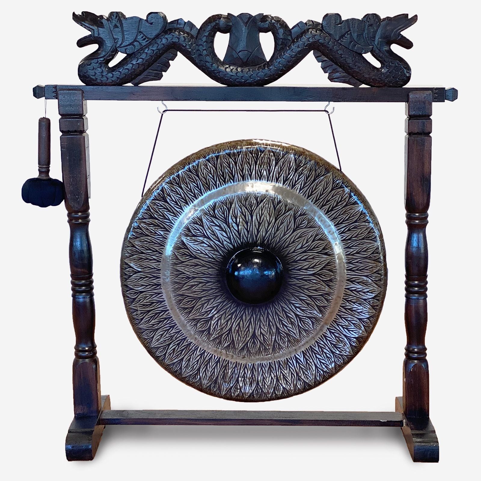 Large Gong in Brown Antique Stand - 80cm - Black - pattern | Auro & Co