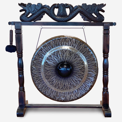 Large Gong in Brown Antique Stand - 80cm - Black - pattern | Auro & Co