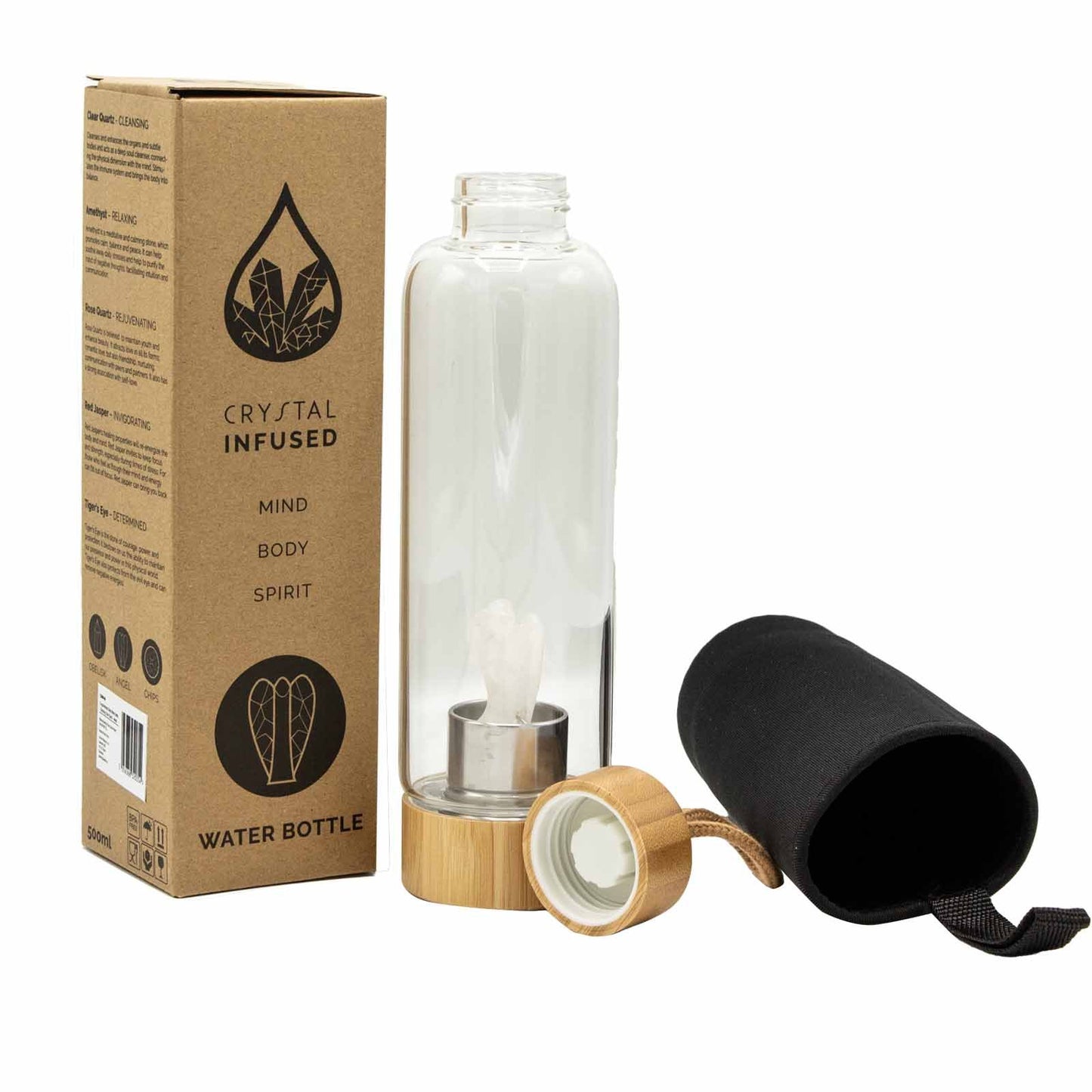 Crystal Infused Glass Water Bottle - Cleansing Clear Quartz - Angel – packaging