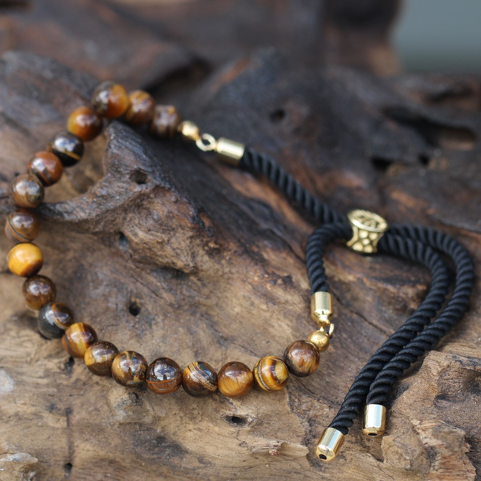 18K Gold Plated Gemstone Black String Bracelet - Tiger Eye – lifestyle shot