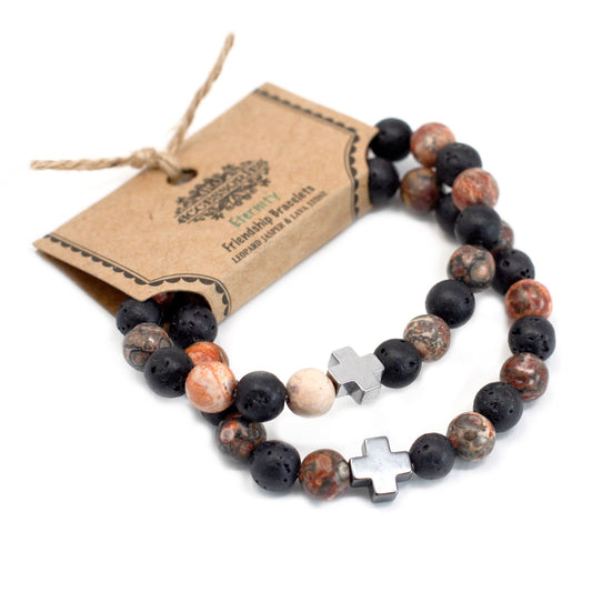 Set of 2 Gemstones Friendship Bracelets - Eternity - Leopard Skin Jasper & Lava Stone | Auro & Co