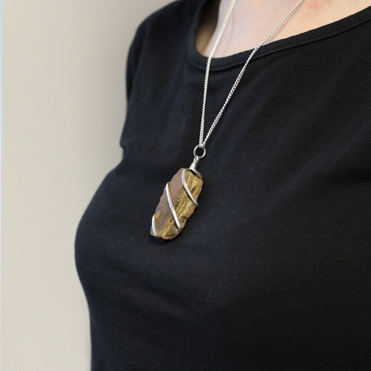Cascade Wrapped Gemstone Necklace - Rough Tiger Eye – detail view