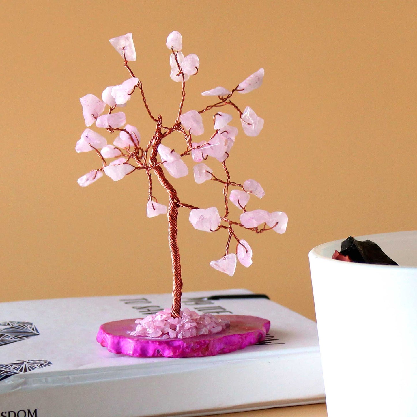 Gemstone Tree - Rose Quartz on Pink Agate Base (35 stones) – detail view
