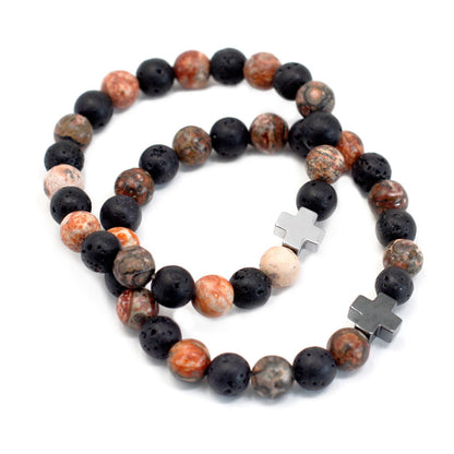 Set of 2 Gemstones Friendship Bracelets - Eternity - Leopard Skin Jasper & Lava Stone – detail view