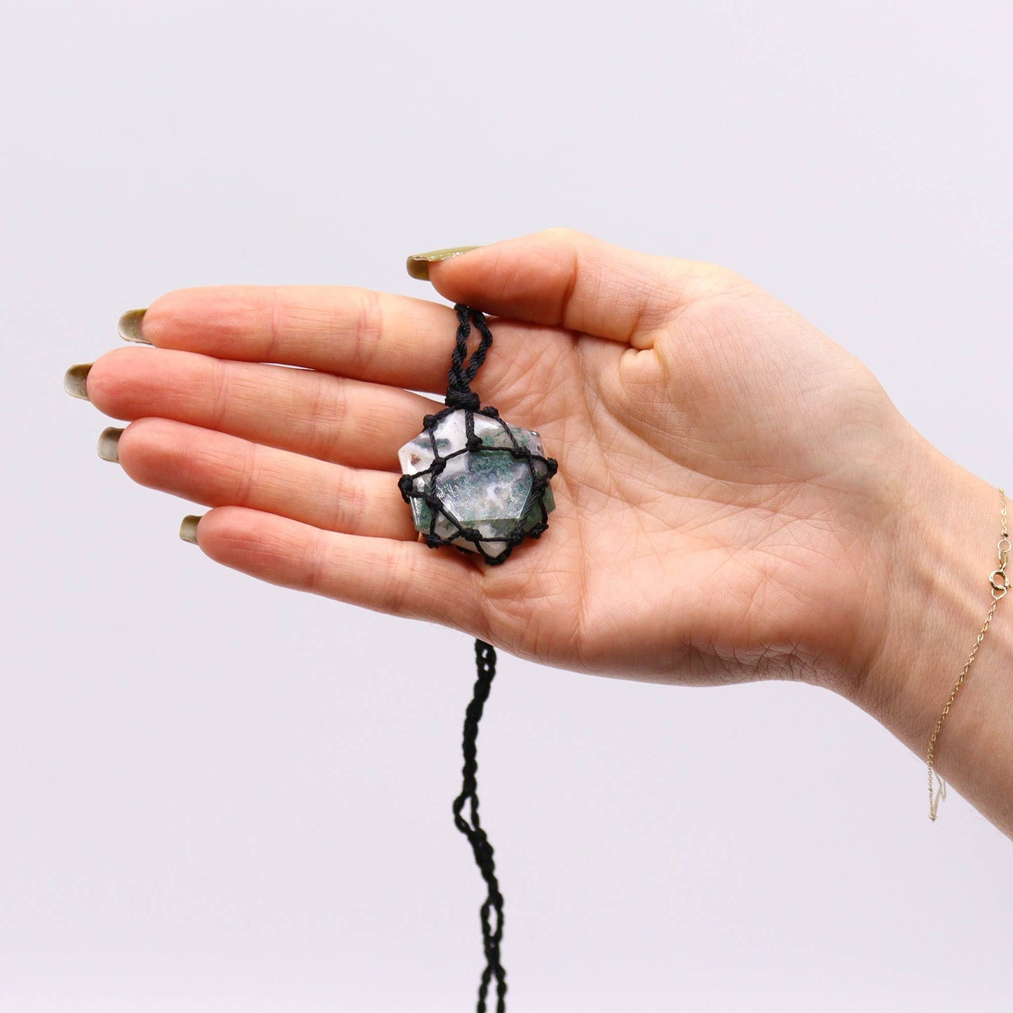 Laced Gemstone Hexagon Pendant - Moss Agate – detail view