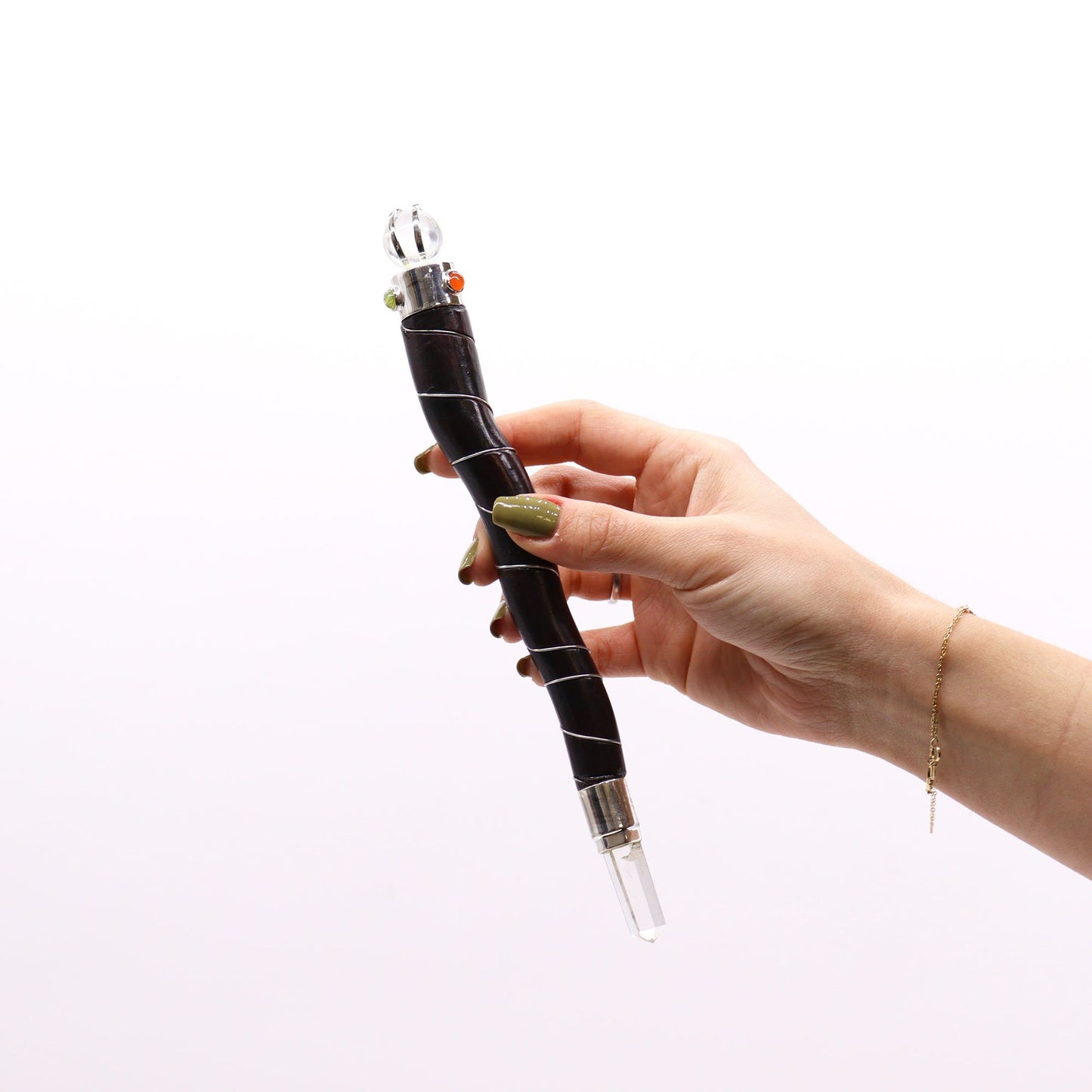 Natural Curved Wood and Rock Quartz Wand – detail view