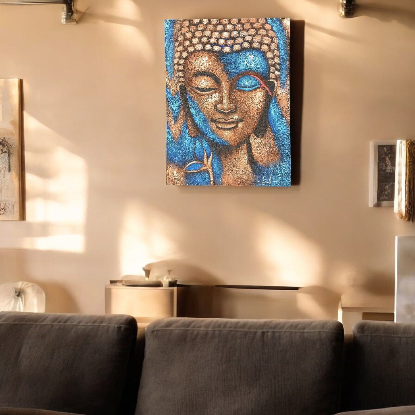 Radiant Tranquility – Gold & Blue Buddha Painting (75×55cm)